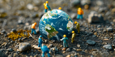 Miniature workers caring for the Earth and nature
