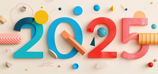 Colorful 3D numbers 20259 with geometric shapes on a light background. New Year celebrations, future planning concepts  and modern design projects.