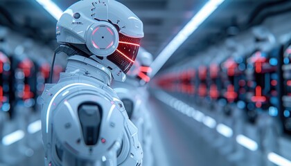 Fototapeta premium Futuristic robots with red lights in a high-tech environment, showcasing advanced AI technology and robotics in a sci-fi setting.