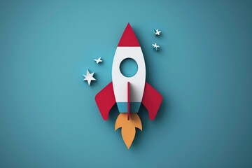 A rocket is flying through the sky with stars in the background