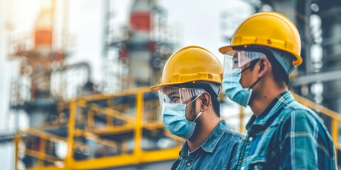 Engineers with facemasks at industrial site