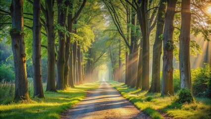 Fototapeta premium A peaceful path lined with tall trees and dappled sunlight , forest, trail, serene, nature, peaceful, walkway, trees, outdoor