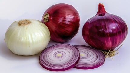 White and red onions on a white background, one of them sliced