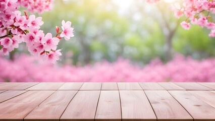 Wooden table top with blur background of Pink Cherry blossom flowers. Generative AI