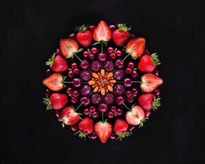 Creative vegetable and fruit in a vibrant photorealistic colorful arrangement of a mandala high-definition background. Generative AI