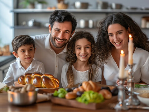 Parents and two kids come together for a festive Shabbat dinner, complete with challah bread and glowing candles at the family table.