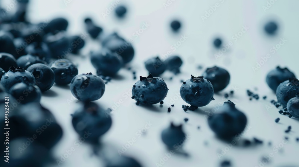 Poster fresh blueberries with water drops creating a beautiful pattern on white background