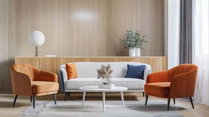 A modern living room with a white and orange sofa set, minimalistic decor, and gentle natural light creating a cozy, inviting ambiance.