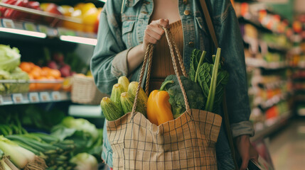 Obraz premium A person holds a cloth bag filled with fresh green vegetables, shopping in a vibrant supermarket produce section.