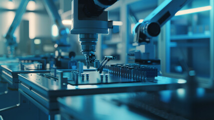 Fototapeta premium A high-tech industrial robotic arm precisely operates on a production line in a state-of-the-art manufacturing facility, bathed in blue light.