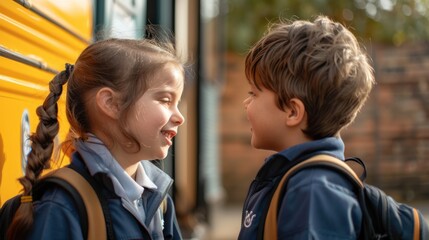 Two children are happy on their first day of school.