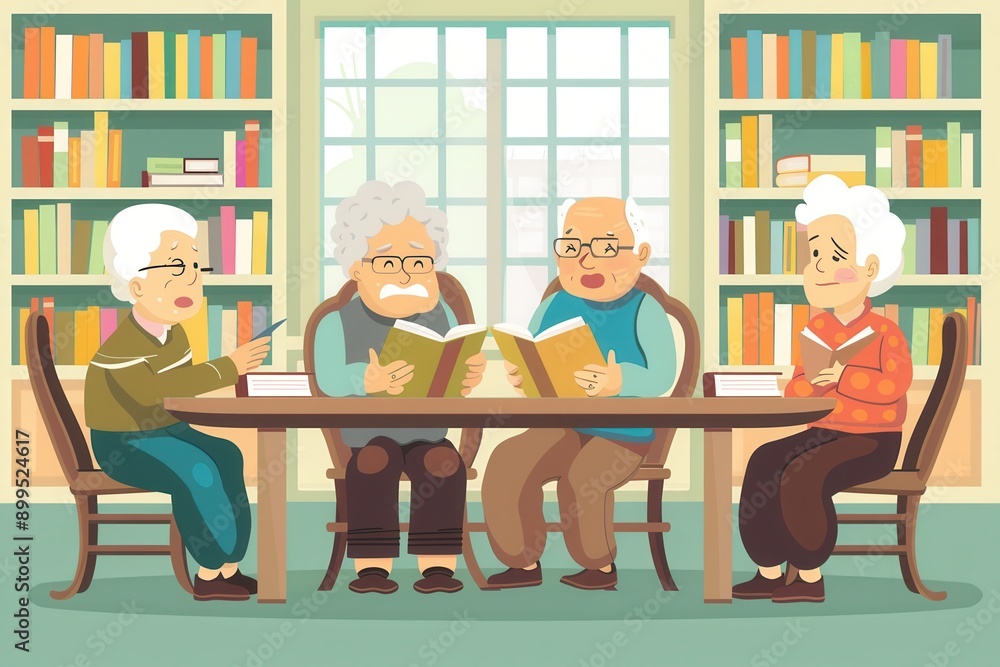 Aufkleber a group of elderly people passionately studies foreign languages using textbooks and dictionaries in