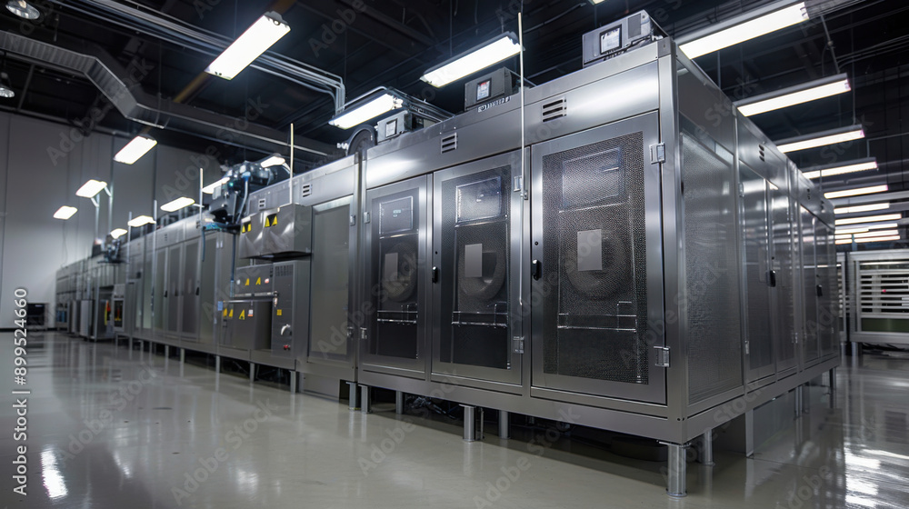 Poster modern data center featuring rows of server racks and cooling units, emphasizing technology and data