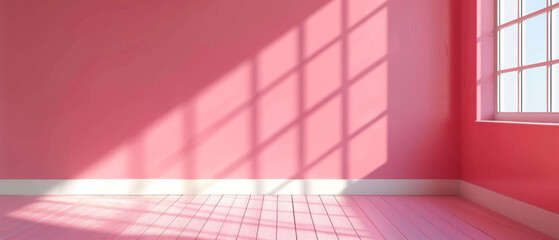 Bright Pink Room With Sunlight Casting Shadows Through Large Windows