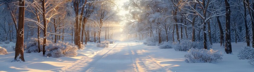 Naklejka premium Frosty morning snowy forest trail with sun rays piercing through trees, winter walk, serene nature path