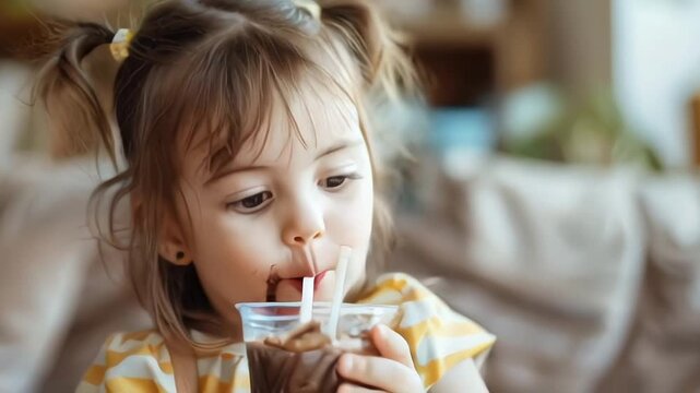 Small girl with dirty mouth indoors in kitchen at home, eating chocolate pudding