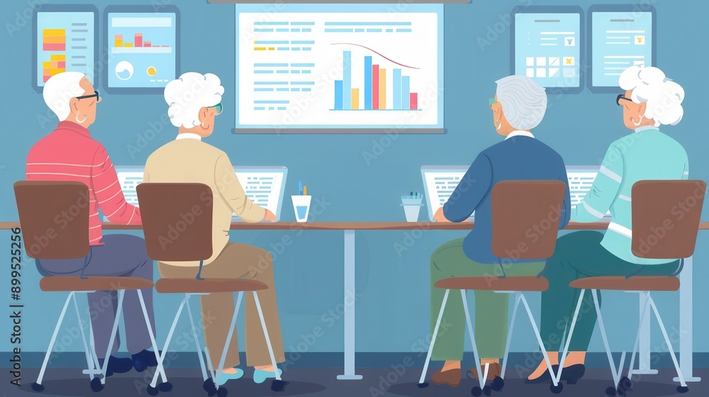 Leinwandbilder a group of elderly people are actively discussing while reviewing documents and data on laptops in a