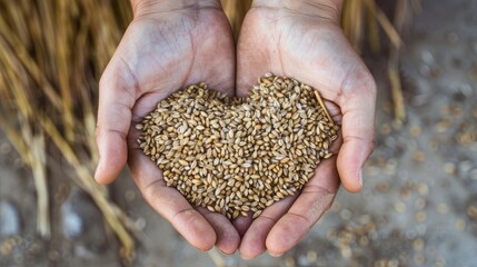 o hands holding a heart shaped pile of barley