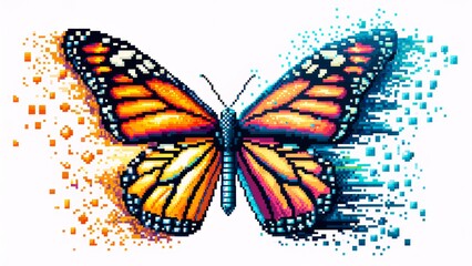Pixelated butterfly. Blue and orange butterfly with flying side effect. Concept of pixel technology, nature, endangered species, biodiversity, animal population decline, wildlife, migratory animal
