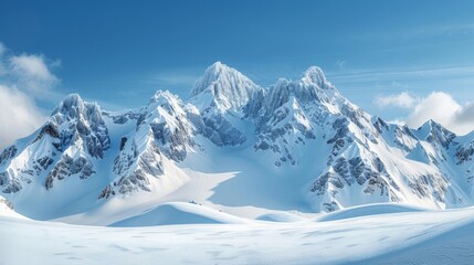 Panoramic view of snow-covered mountain peaks with a clear blue sky, winter landscape, majestic alpine scenery
