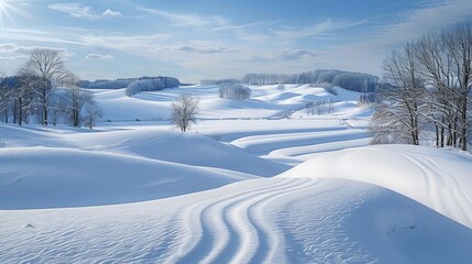 Snow-covered fields and rolling hills under a bright sky, winter countryside, pastoral winter scene