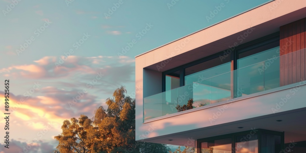 Poster a large white house with a balcony and a tree in front of it. the sky is cloudy and the sun is setti