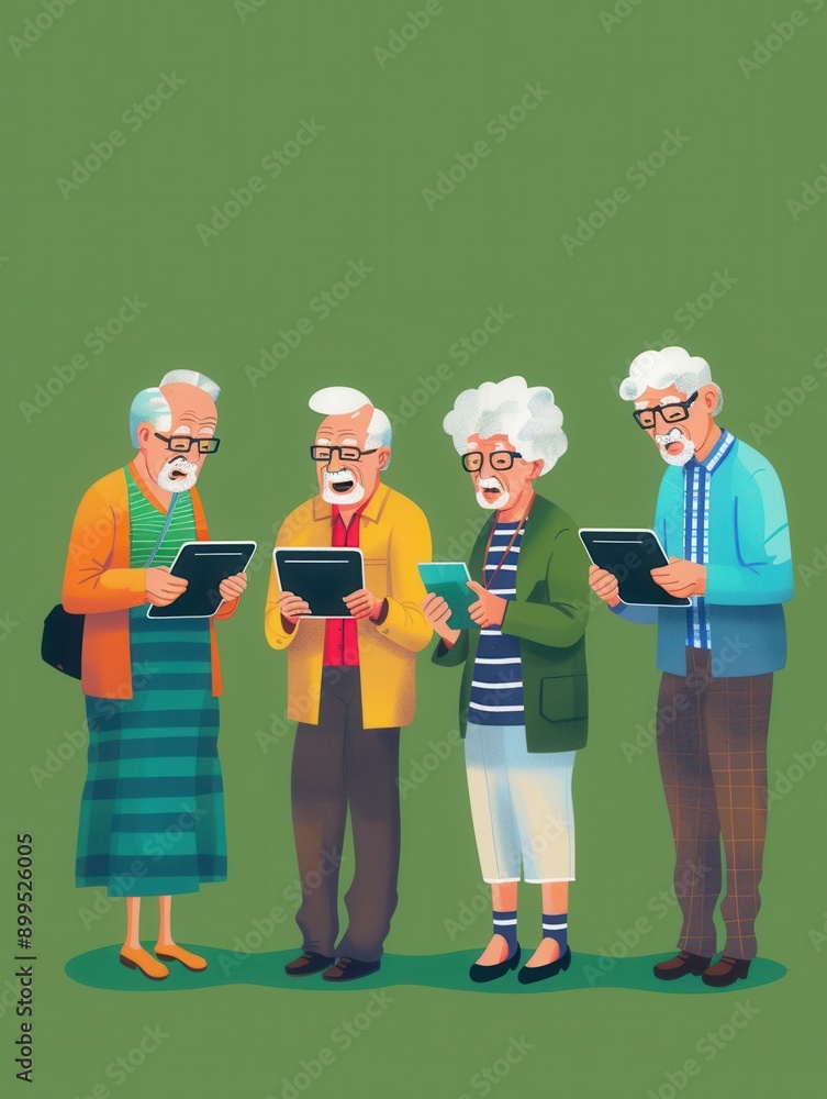 Leinwandbilder A group of elderly individuals enjoys exploring tablet technology while sharing a moment of connection and learning together. Generative AI