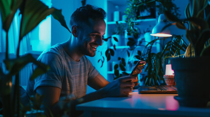 Fototapeta premium In a dimly lit room adorned with plants, a man smiles while engaging with his phone, capturing a serene and contented moment at home.