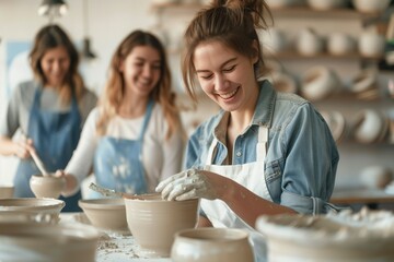 Women engaging in pottery making class, with focus on hands molding clay while smiling. Art class promotions, creative workshops  and hobbyist communities.