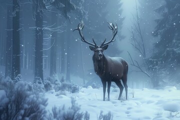 stag standing in snowy forest