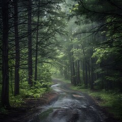 Fototapeta premium Mystical Forest Path with Gentle Rainfall Creating a Serene Atmosphere