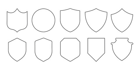 Lovely collection of line silhouette shields. Soccer, police, military, and other label collections are shaped by line badges. 
