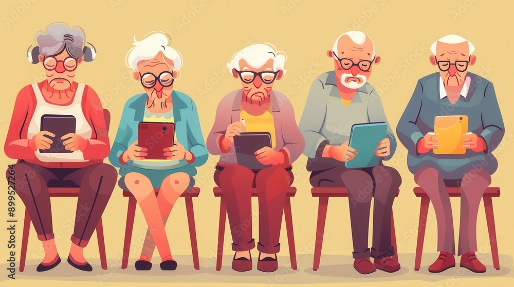 Poster several elderly people sit in chairs, each focused on their handheld tablets, creating a lively atmo