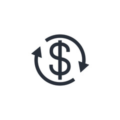 Obraz premium Dollar and rotating arrows. Cash flow. Vector linear icon isolated on white background.