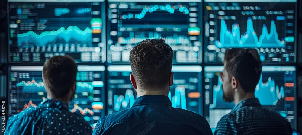Poster Three businessman looking on stock market data statistic on screen display. Generative AI technology.