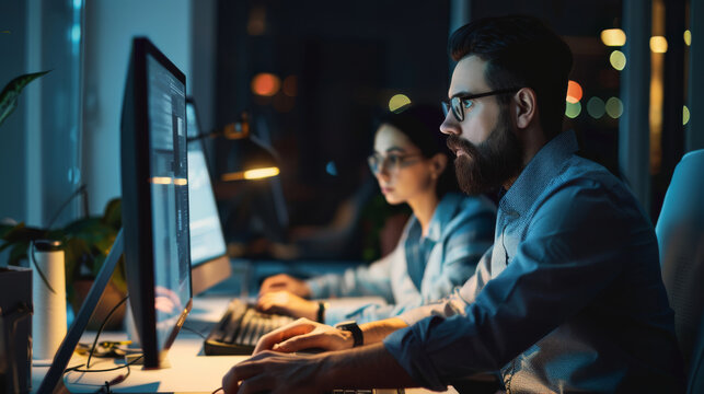 Two focused office workers collaborating on a project at their desks, with a dark office setting illuminated by computer screens and desk lamps.