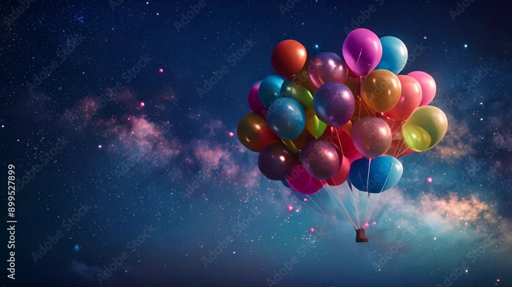 Poster a bunch of colorful balloons floating in the sky. the balloons are of different colors and sizes, an