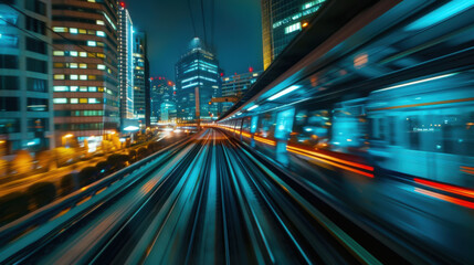 Dynamic motion blur of a high-speed train racing through a vibrant cityscape at night, with illuminated buildings.