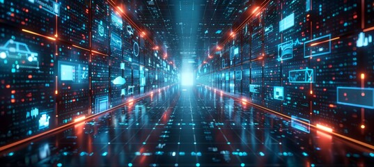 Obraz premium Cyberspace dimension room technology background. Digital data wireless transfer. Generative AI technology.