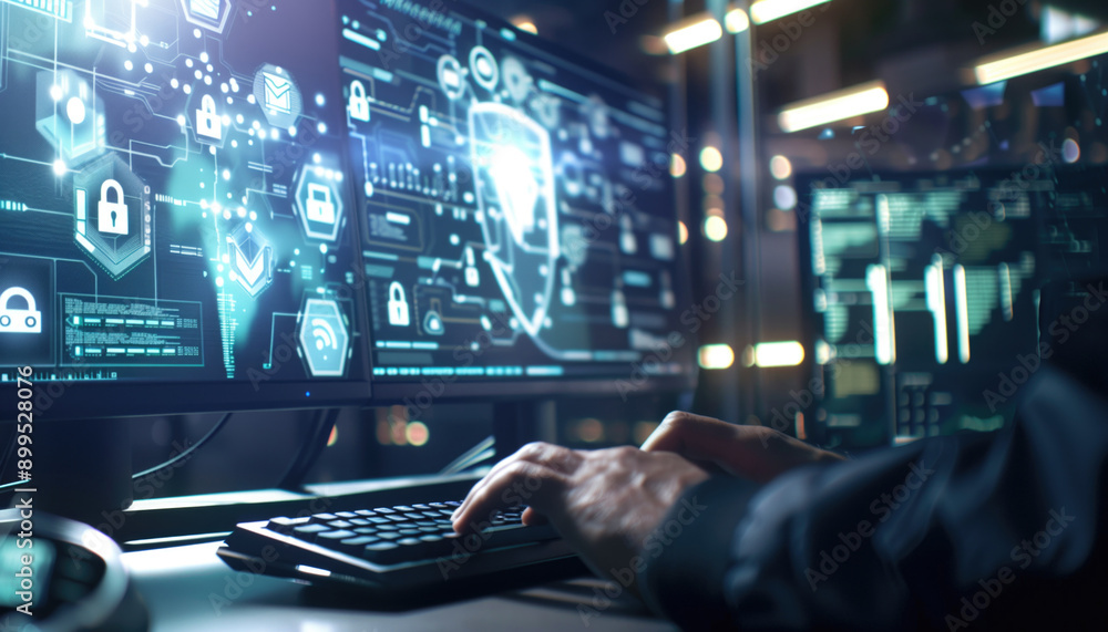 Poster hands typing on keyboard with cybersecurity icons on screens, with a digital shield in focus. digita