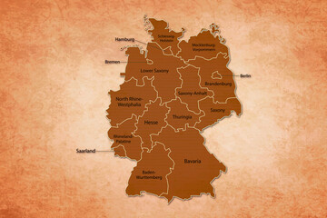 Germany Map. Germany Map with federal states in A vintage Color Texture Background