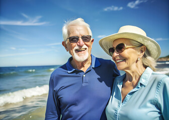 Happy senior couple at beach, joyful smiling, enjoying the sea on sunny summer day
