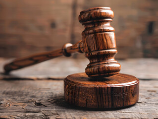 Wooden judge's gavel on the table as a trial concept. Neural network AI generated art
