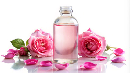 Healthy cooking element Rose water on white background