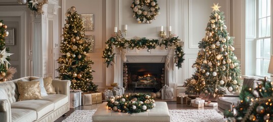 Fototapeta premium Christmas living home decoration with pine fir tree. Winter December and new year holiday event. Generative AI technology. 