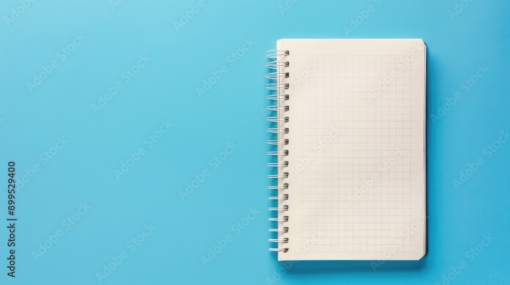 Poster empty notebook on blue surface with copy space viewed from above