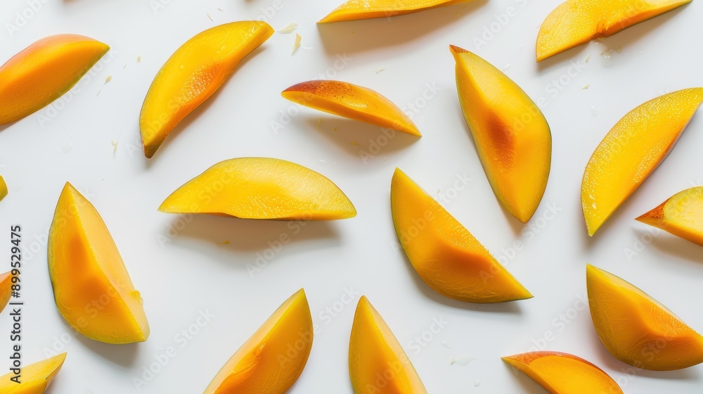 Poster vibrant and appetizing display of fresh mango slices on a clean white background