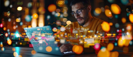 Illuminated Inspiration: Focused developer coding late into the night, energized by city lights reflecting in his glasses, crafting the future with every line of code. 