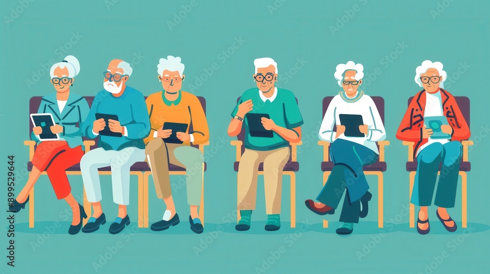 Poster a group of elderly people sits together, focusing on their tablets and enjoying each other's company
