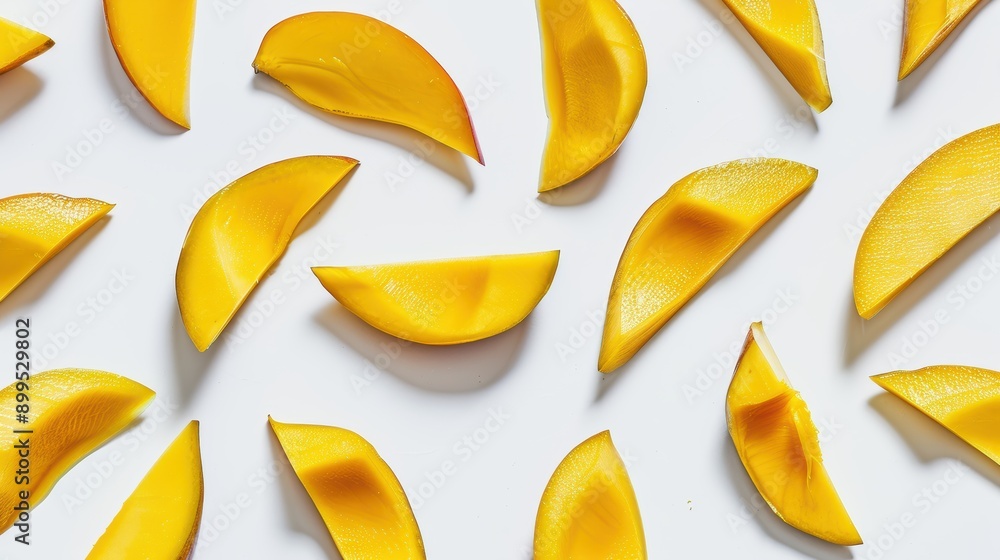 Poster fresh slices of mango arranged in a minimalist pattern on a white surface
